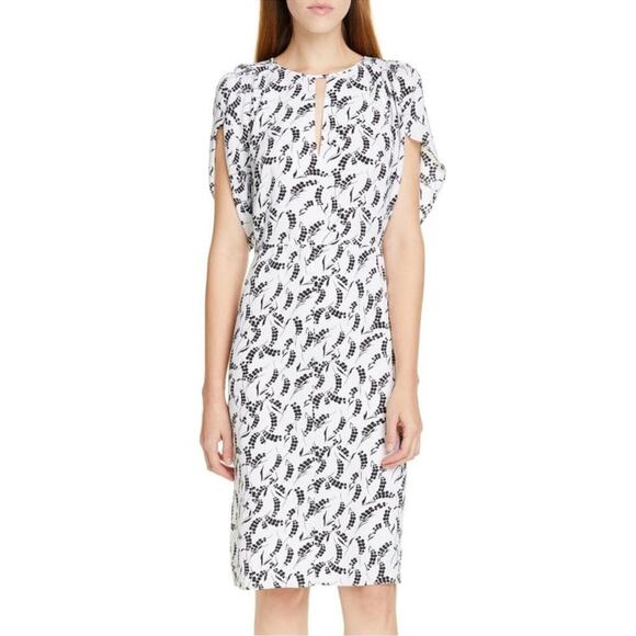 Lewit Black White Floral Silk Slit Neck Tulip Sleeves Dress Size 14 - Picture 16 of 16